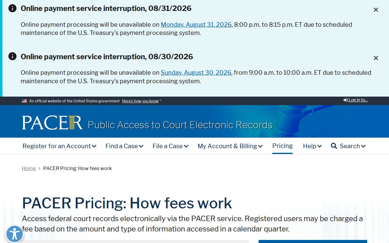 Rushville court records PACER federal docket fee source